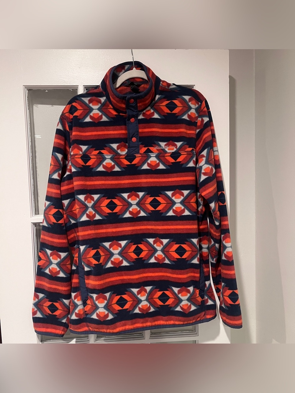 Eddie Bauer Men’s 1/4 Snap Fleece Pullover Orange Aztec Southwestern TL Tall L